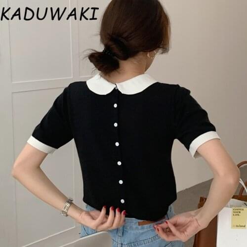 Korean Chic Summer Peter Pan Collar Women Tops Single-breasted Back Design Thin Elastic Pullovers Short Sleeve T-shirt Women