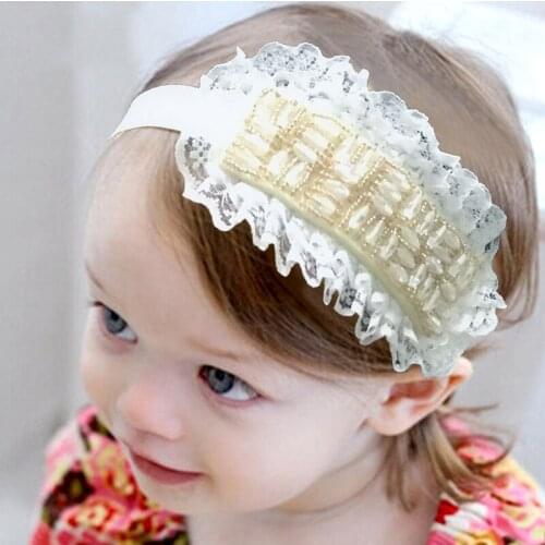 Sweet Baby Girls Toddler White/Pink Lace Resin Faceted Beads Princess Elastic Hair Head Band Headwear Accessories Newborn Gifts