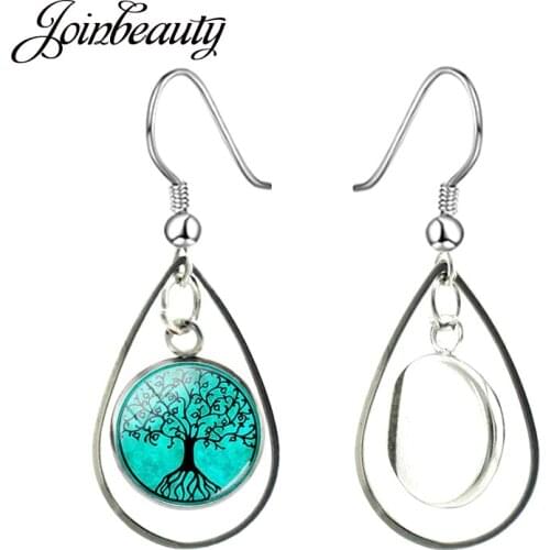 JOINBEAUTY Fashion Life Tree Hollow Out Teardrop Pendant Statement Earrings Glass Cabochon Drop Ear Jewelry For Party B325