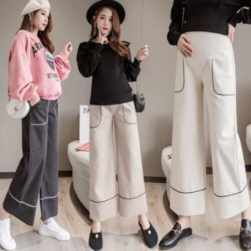 Autumn Winter Woolen Maternity Pants Belly Support Pregnancy Women Trousers Wide Leg Loose Casual Pregnant Ankle Length Pants