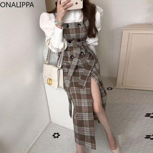 ONALIPPA Dress Sets Korean Autumn Chic Simple Puff Sleeve Bottom Shirt Double Breasted Lattice Lace Slit Suspender Skirt Suit
