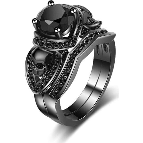 Luxury Female Male Crystal Couple Ring Charm 14KT Black Gold Skeleton Wedding Rings For Women Punk Round Zircon Engagement Ring