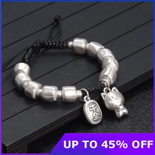 S925 Sterling Silver Charm Bracelets Simple Geometric Beads luck Small Cat Hand String Womens Pure Argentum Hand Jewelry Gifts