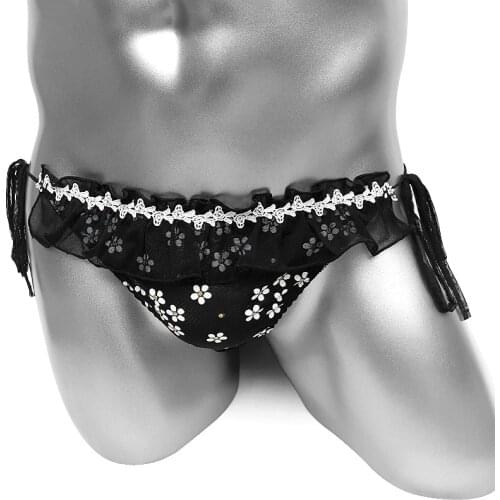 Ruffles Floral Printed Sissy Panties Lace up See Through Butt Sexy Mens Briefs Underwear Lingerie Frilly Male Panties