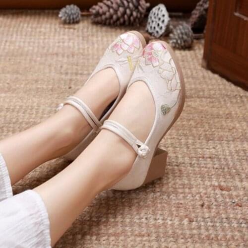 Summer Women Cotton Fabric Embroidered Pumps Ladies Vintage Button Mary Jane Dress Shoes Ethnic Cow Muscle Sole High Heels