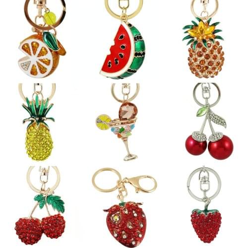 Cherry Strawberry fruit Cute Crystal Rhinestone Charm Pendant Purse Handbag Car Key Keyring Keychain Party Birthday Gift