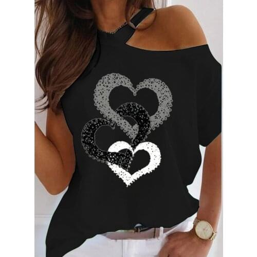 Oversized Womens Blouse Heart Prints Offthe-shoulder Tee Tops Short-sleeve Pullover Casual Streetwear Shirts Женские Свитера