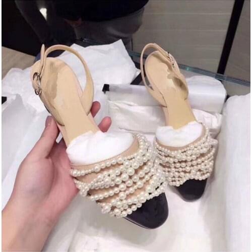 2018 Summer New Ladies square toe thick mid heel buckle pearl decoration single shoes mixed colors sweet style sandals black