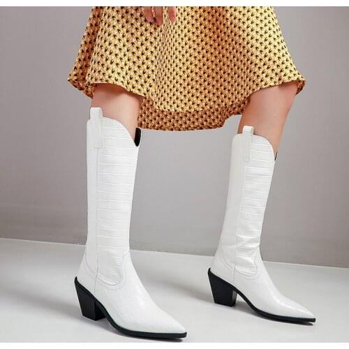 Winter Embossed Pu Leather Wedge High Heel Western Cowboy Boots for Women Mid Calf Long Blue White Slip on Botas Shoes 35-43