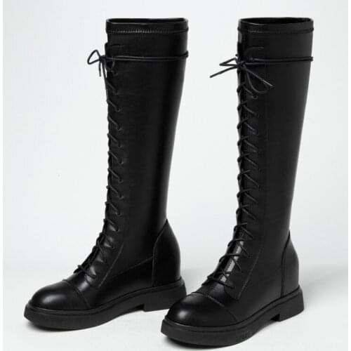 Black Knee High Boots Women Leather Fashion Wedge Heels Boots Shoes Ladies Lace Up Womens Winter Autumn High Boots Leather