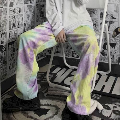 Corduroy pants female Korean version Harajuku style tie-dye straight wide-leg pants loose high waist casual trousers trend