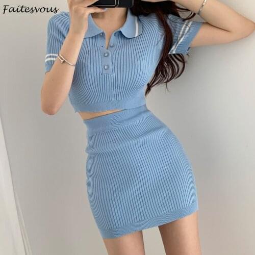 Korean Ice Silk Knitted Two Piece Suits Women Polo Collar Striped Lapel Cropped Top+High Waist Skirts