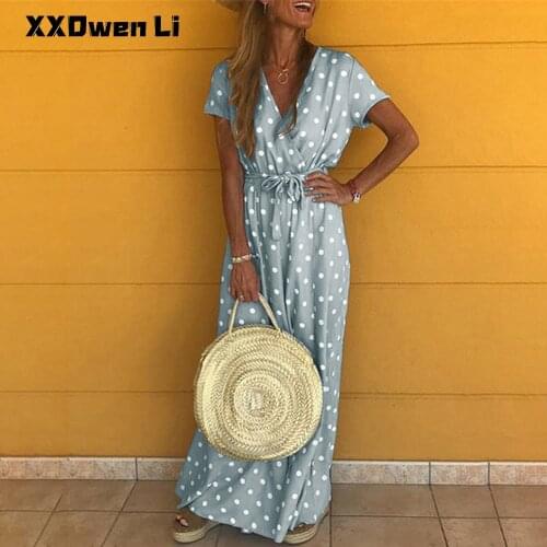 Casual Polka Dot Print Lace up maxi Dresses For Women Summer Short Sleeve Long Dress 2021 Ladies blue Beach Boho Holiday Dresses