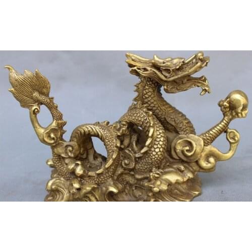 8" Chinese Brass Carved Year Zodiac FengShui Myth Fly Dragon Statue Animals