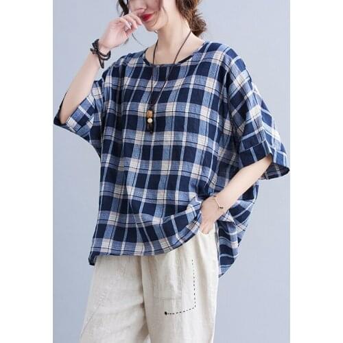 Plaid Fashion Women Tops Loose Summer T Shirts Thin Soft Cotton Plus Size Travel Casual T-shirts Vintage Tees Shirts
