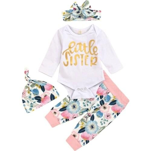 4pcs Toddler Infant Baby Girls Sets Little Girl Long Sleeve Tops Romper Long Pants Hat Newborn Outfits Set Casual Clothes