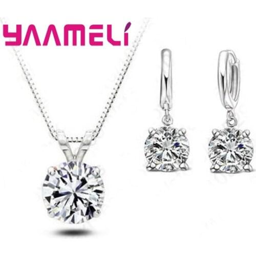 Shining Luxury 925 Sterling Silver Cubic Zircon Necklace+Earrings Jewelry Sets Engagement Wedding Party Accessory
