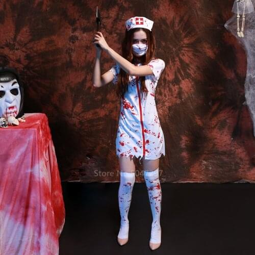 Halloween Ghost Festival Cosplay Costume for Women Girls Scary Bloody Print Nurse Unifrom Skeleton Vampire Horror Outfits Set