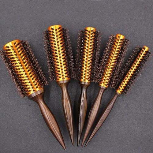 Natural Boar Bristle Round Brush Wooden Handle Hair Rolling Brush For Hair Drying Styling Curling