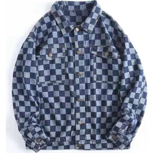 ERENEJIAN Mens Fashion Designer Plaid Jeans Jacket Oversized Hip Hop Denim Trucker Outerwear Loose Fit Tops