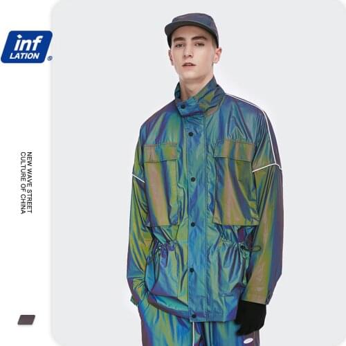 INFLATION Laser Reflective Tracksuit Men Windbreaker Jacket Set Streetwear Hip Hop Jacket And Joggers Men Two Piece Set