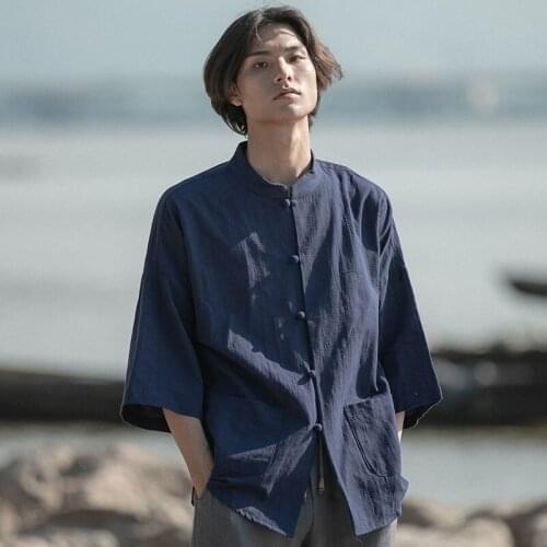 2021 New Chinese Style Mens Tops Tang Suit Cotton Linen Short Sleeve Solid Traditional Kung Fu China Style Hanfu Men Shirt 30375