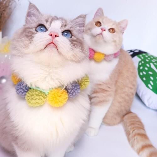 Colorful Round Plush Ball Collars for Cats Handmade Knitted Pink Dog Bandana Bows Cute Pet Necklace Scarf Kitten Accessories Rag
