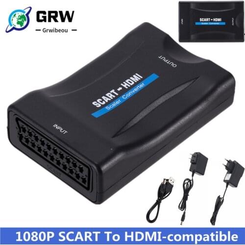 1080P SCART To HDMI-compatible Video Audio Upscale Converter Adapter for HD TV DVD for Sky Box STB Plug and Play DC Cable
