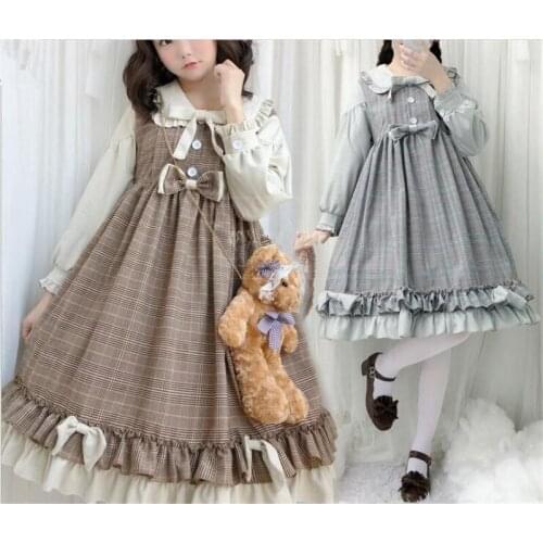 Lolita dress vintage peter pan collar bowknot high waist long sleeve lattice victorian dress kawaii girl loli cosplay B296