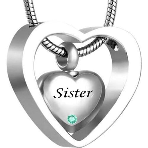 Custom Double Heart sister Twelve months birthstone Urn Necklace Pendant with Funnel ashes Keepsake Cremation jewelry