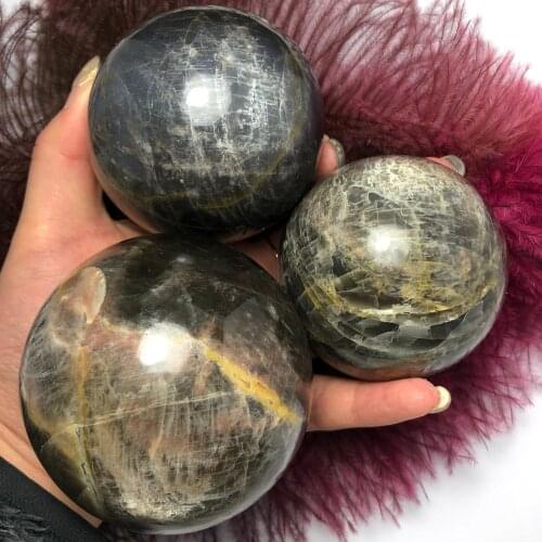 Natural Black Moonstone Sphere Quartz Mineral Crystals Gemstones Ball Reiki Healing Fine Home Decoration