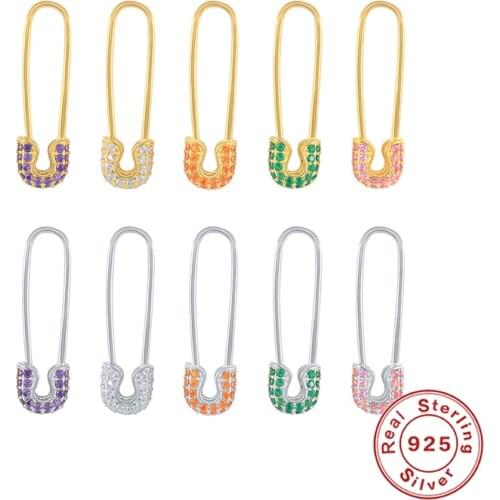 BOAKO 925 Sterling Silver Safety Pin Studs Earrings for Women Gothic Fashion Rainbow CZ Earrings Female Korean Earring Jewelry