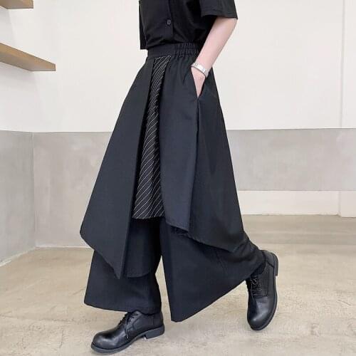 Pants For Men Summer Yamamoto Style Personality Stripe Patchwork Design Loose Wide-leg Pants Irregular Flared Cropped Culottes