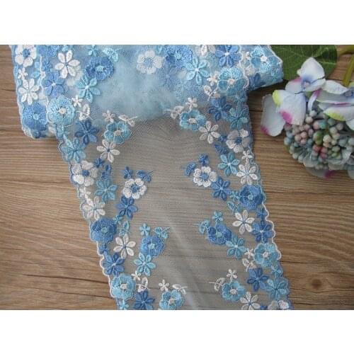 1Yard Blue Mesh Net Floral Embroidered Lace Trim 16cm Tulle Fabric For Lingerie Underwear Bra Dolls Dress Decor Craft New