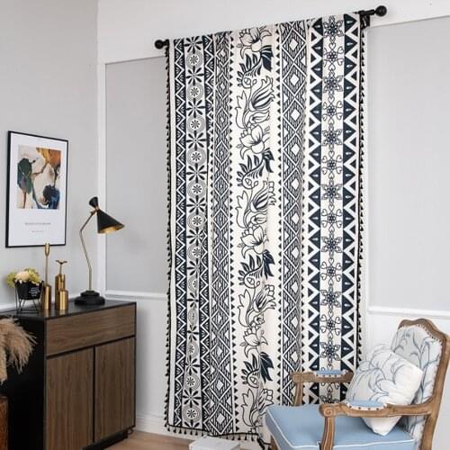 Bohemian style Wear rod Tulle curtain Cotton linen printed Black tassel Wave window curtain kitchen banquet bedroom curtains