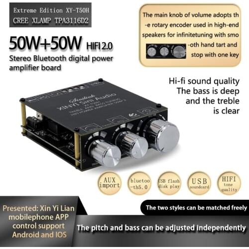 XY-T50H TPA3116D2 2*50W Bluetooth 5.0 Subwoofer Amplifier Board 2.0 Channel High Power Audio Stereo AUX USB Bass AMP