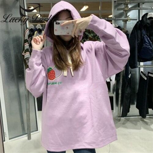 Women Spring Fall Purple Cotton Strawberry Embroidery Hoodies Sweatshirt Ladies Plus Size Pullovers Female Casual Tops ZM120