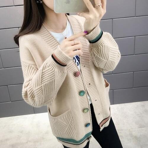 2020 Autumn Winter Women Knitted Jacket Loose Long Sleeve Cardigan Womens with Single Breasted Pocket Cardigan Female Sweater