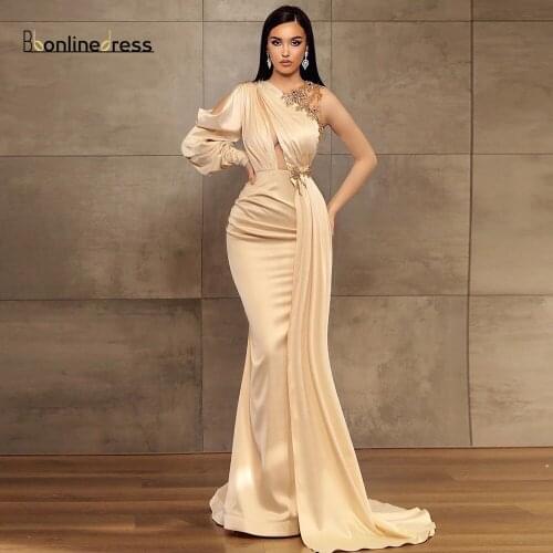 Bbonlinedress Champagne Mermaid Evening Dress 2020 Crystal Beading One Shoulder Sexy Prom Dress Formal Party Gown robe de soiree