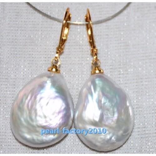 Free shipping AAA 21x18mm South Sea White Baroque Pearl Earrings 14k/20 YELLOW GOLD