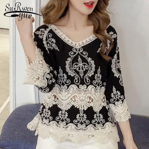 Blusas 2021 Sexy Summer Women Tops Plus Size Lace Blouse Shirt Nice Hollow Shirt Flare Sleeve Womens Clothing Fashion New 0103