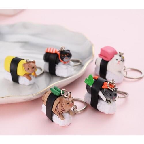 New Japanese Food Cute Cartooon PVC Cat and Sushi Men 's Keychain Car Auto Keyring Metal Keychain Key Ring Pendant Jewelry