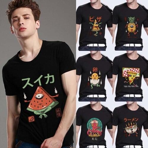 T-shirt Mens Fashion Casual Funny Cartoon Cute Monster Print Pattern Series T-shirt Top O-neck Slim Commuter Black Male Shirt
