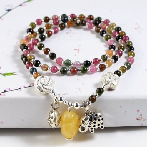FNJ Amber Elephant Charm Bracelet 925 Silver Vintage Original Pure S925 Silver Bracelets for Women Fine Jewelry Tourmaline Bead