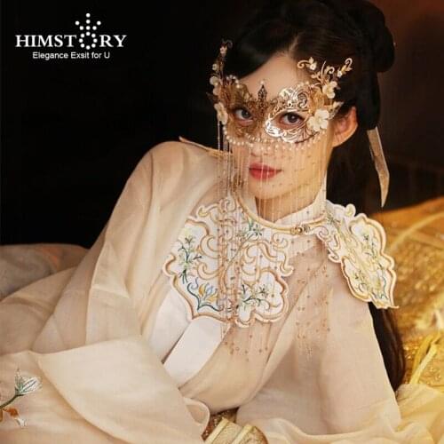 HIMSTORY Vintage Chinese Curtain Facial MAsk Handmade Gold Pearl Long Chain Pearl Tassel Bridal Wedding For Face Jewelry