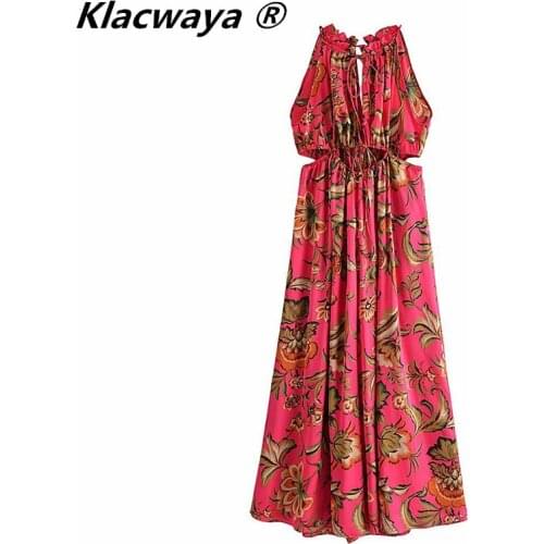 Klacwaya 2021 Women One-piece Pants Summer Sleeveless Vintage High Waist Hollow Out Design Printed Female Wide Leg jumpsuit