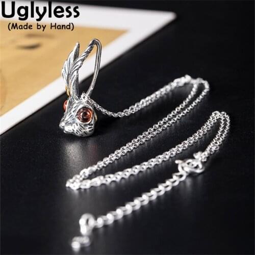 Uglyless INS Popular Garnet Bunny Jewelry Sets for Women Animals 925 Sterling Silver Rabbits Rings Pendants Necklaces NO Chains