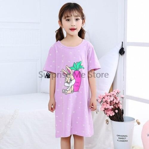 Summer Girls Purple Nightgowns Rabbit Pajamas Kids Short sleeved Nightdress Cute Cotton Child Baby Sleeping Dress 6 8 10 14 Year