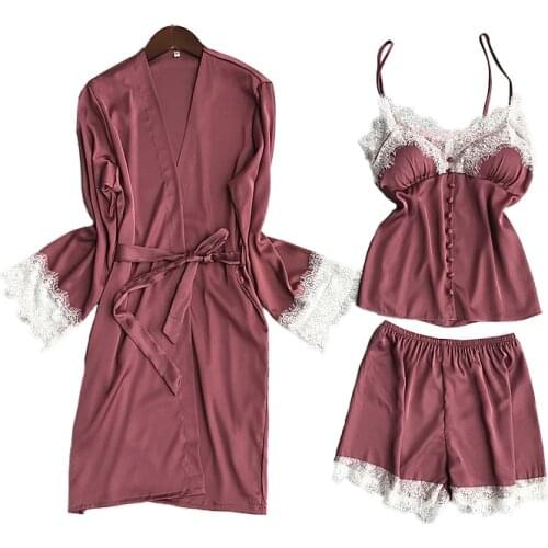 Lisacmvpnel 3 Pcs Ice Silk Robe Set Lace Sexy Bathrobe Spaghetti Strap With Chest Pad Nightdress+Robe+Shorts Pyjama For Women