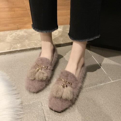 Fashion Basic Lamb Hair Shallow Loafers Women Fur Flat Shoes Winter Warm Furry Casual Ladies Shoe Female Metal Decoration W36-59